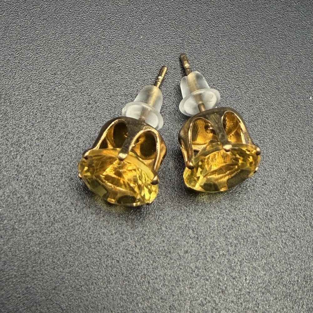 Yellow Citrine CZ Gold Tone Crown Setting Stud Earrings Silicone Backs Vintage